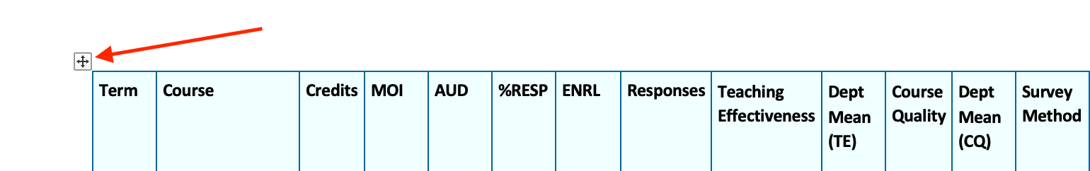 Location of the "select table" icon, highlighted by a red arrow